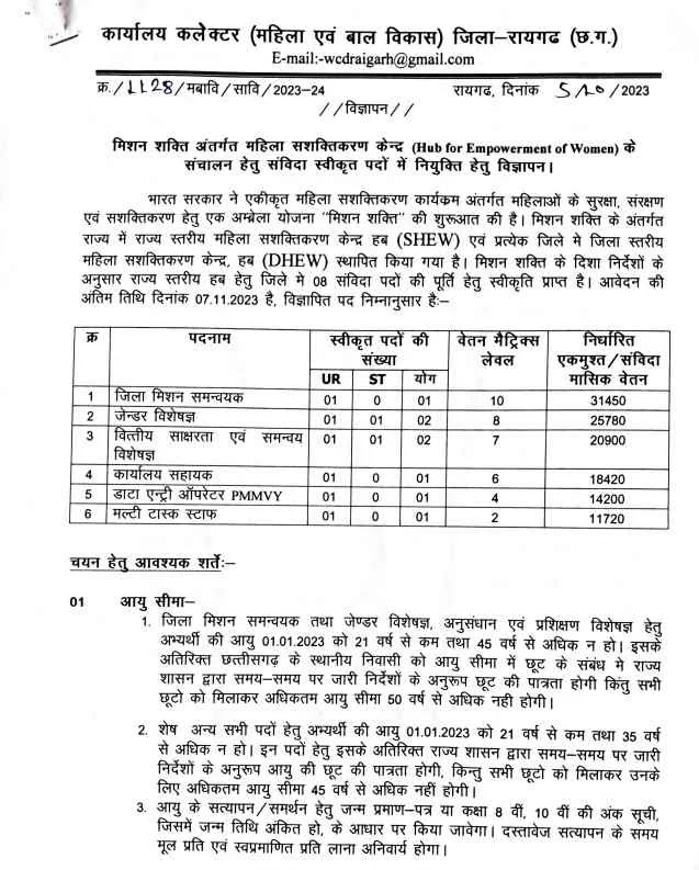 Raigarh Mahila baal vikas vacancy 2023