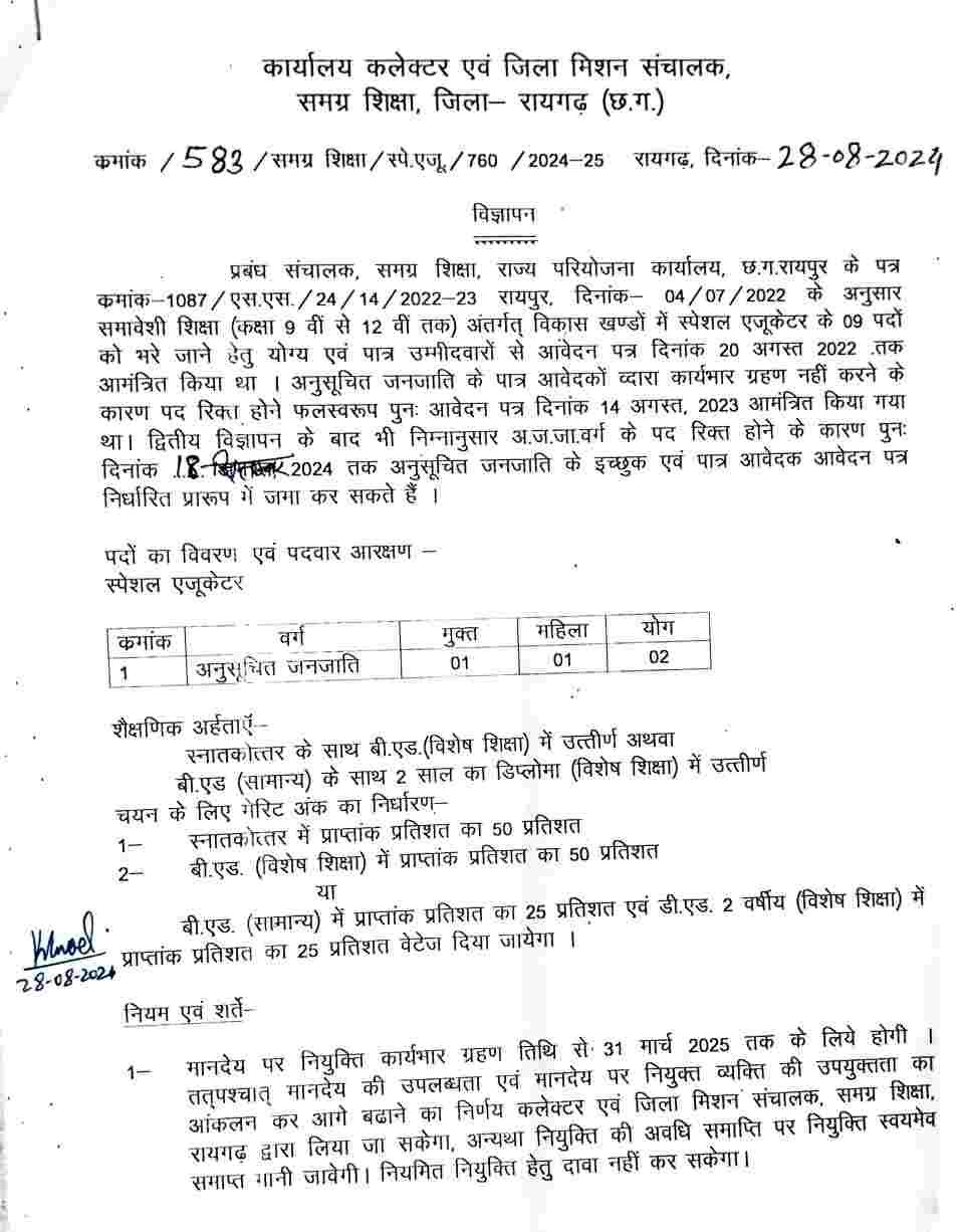 CG Raigarh Special Educator Vacancy 2024